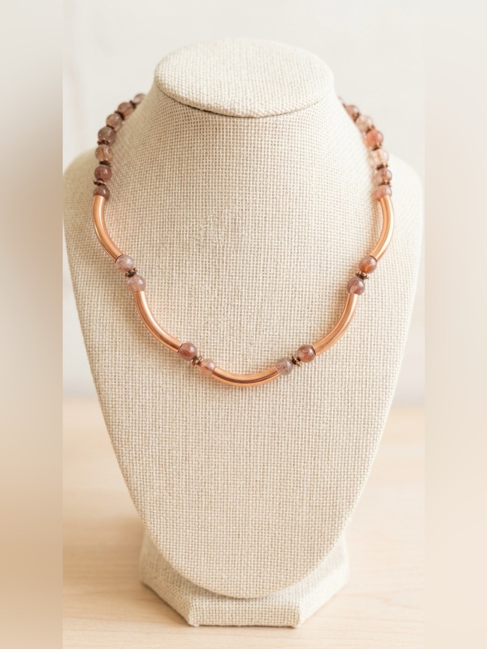Hand Knotted Copper and Rutilated Copper Beaded Necklace and Earring Set